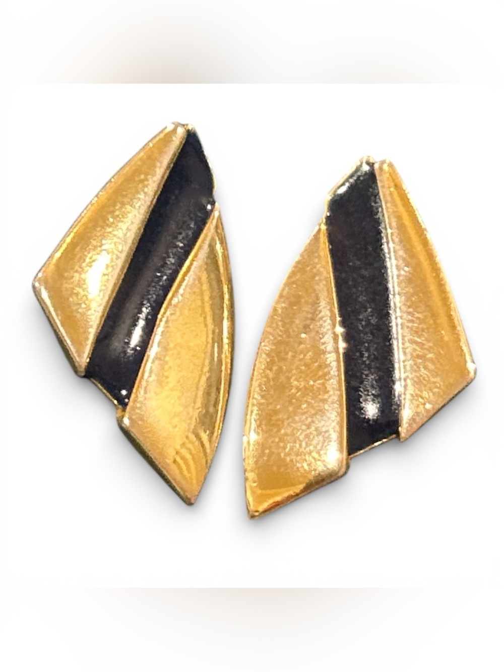 Vintage Signed BERGERE Navy Blue Enamel Gold Tone Geometric Wing Clip On Earring